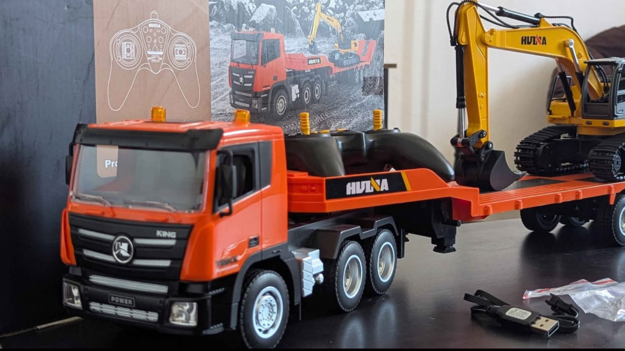 Huina 1319 1:24 Scale 9CH RC Tractor Truck with Flatbed Trailer & Excavator. COMBO SET