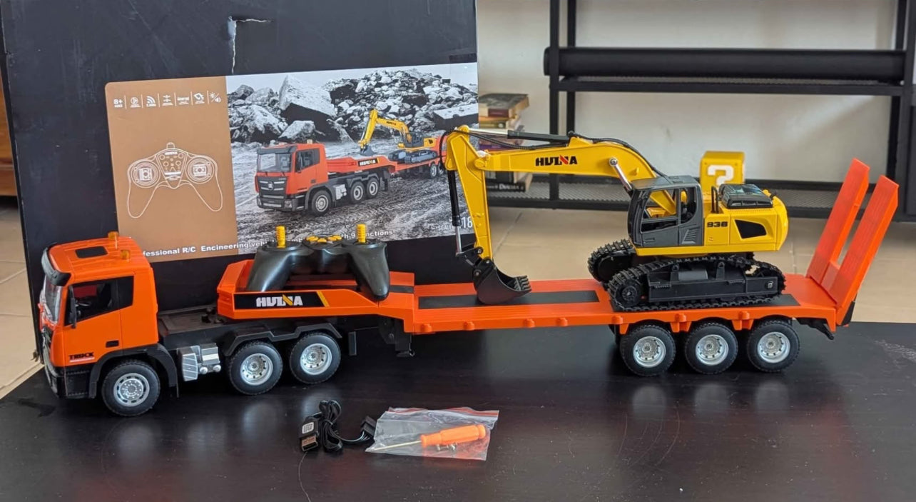 Huina 1319 1:24 Scale 9CH RC Tractor Truck with Flatbed Trailer & Excavator. COMBO SET