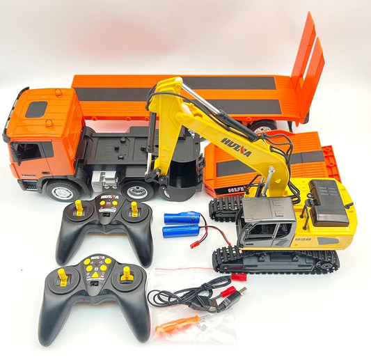 Huina 1319 1:24 Scale 9CH RC Tractor Truck with Flatbed Trailer & Excavator. COMBO SET